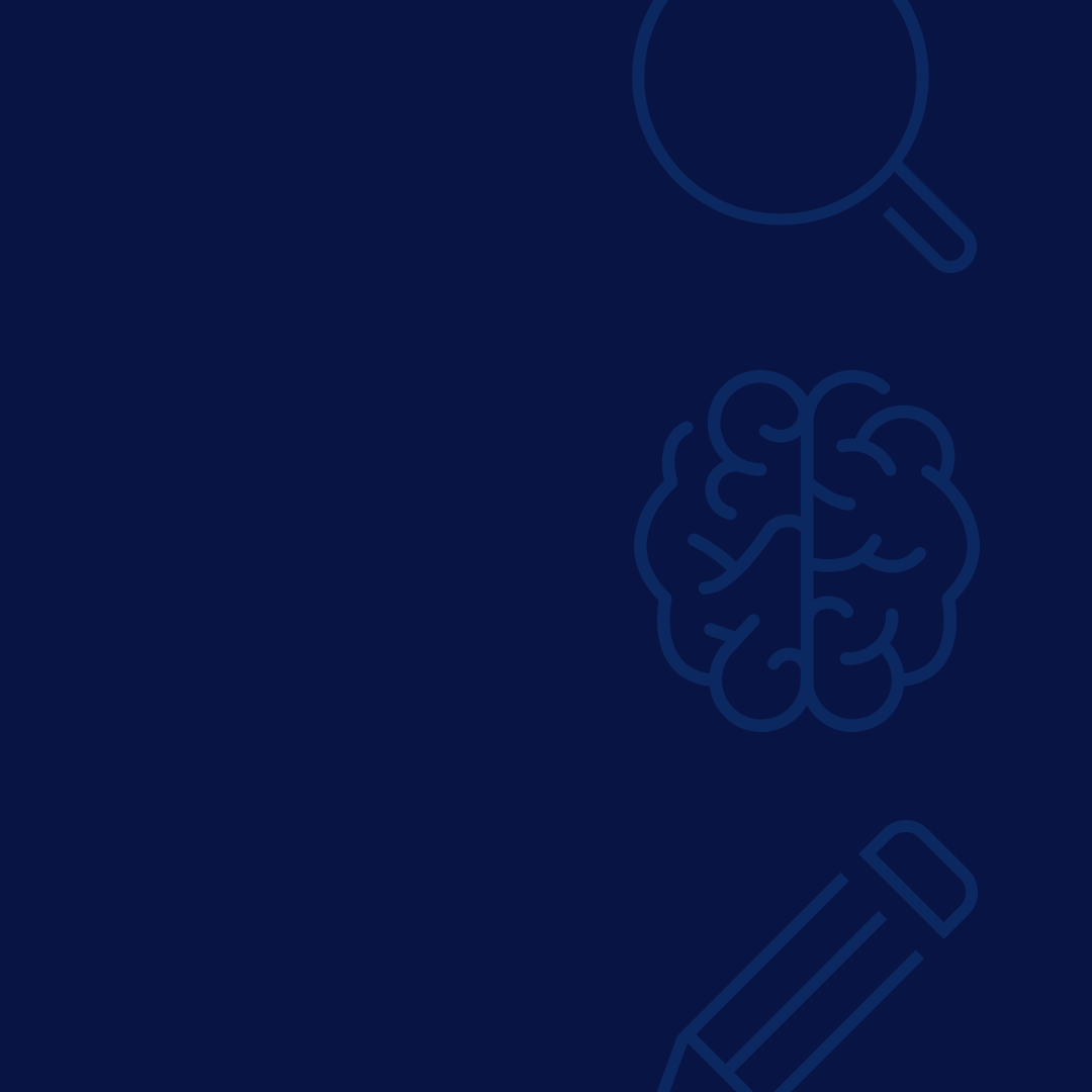Icons of brain, magnifying glass, pencil