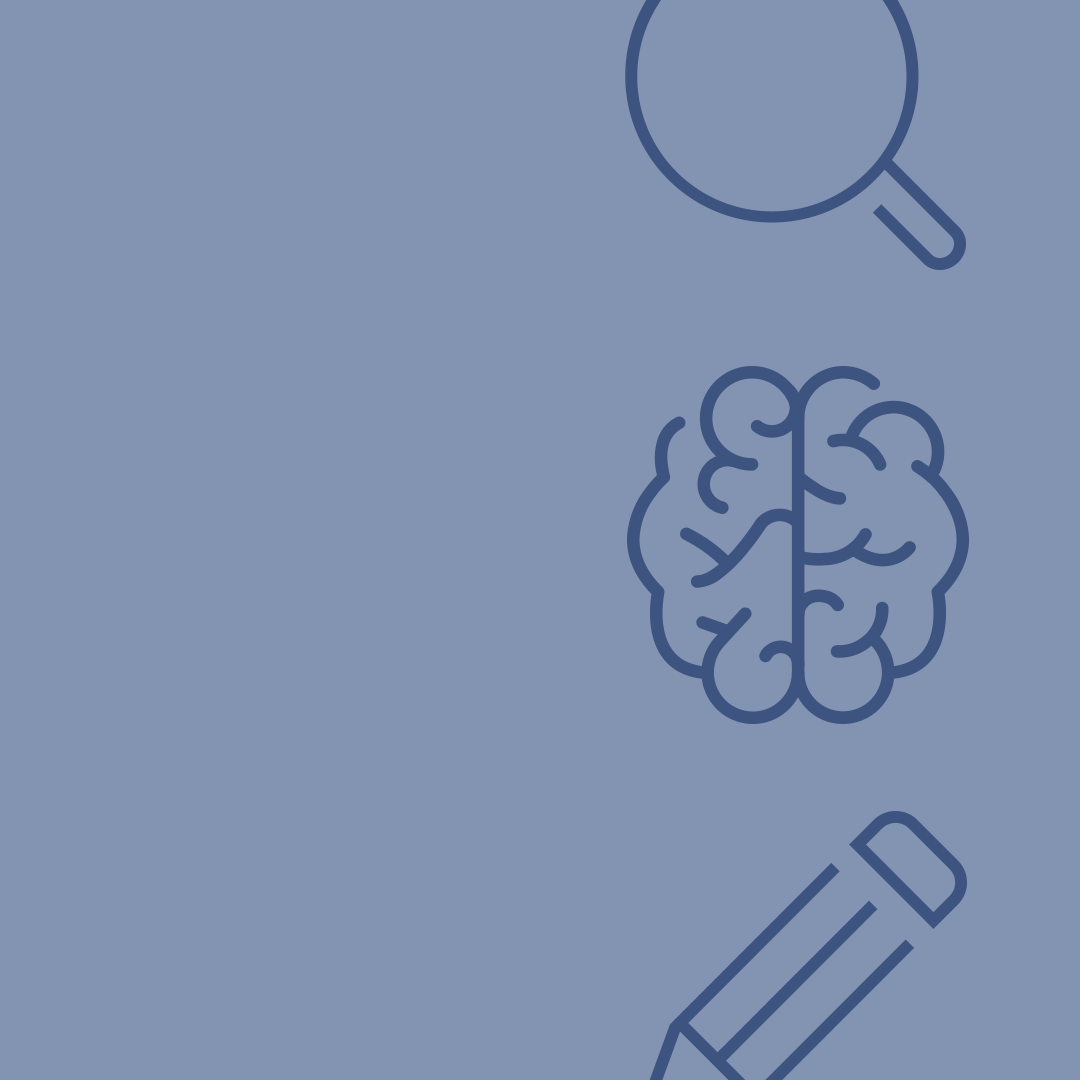 Icons of brain, magnifying glass, pencil