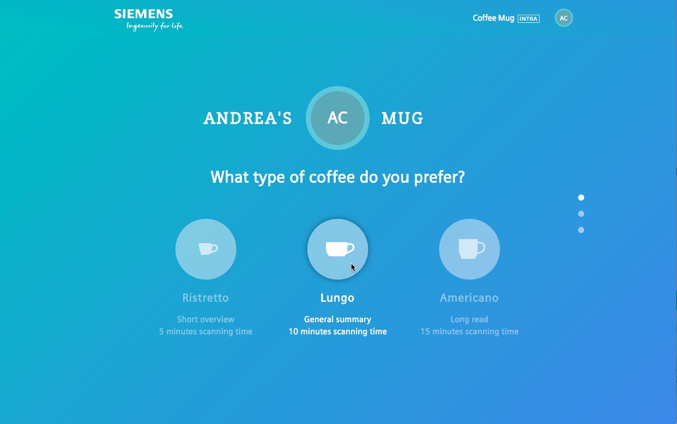 Onboarding Coffee Mug: Der Nutzer kann die Tassengröße und somit die Menge von News auswählen. (Quelle: Namics – A Merkle Company)