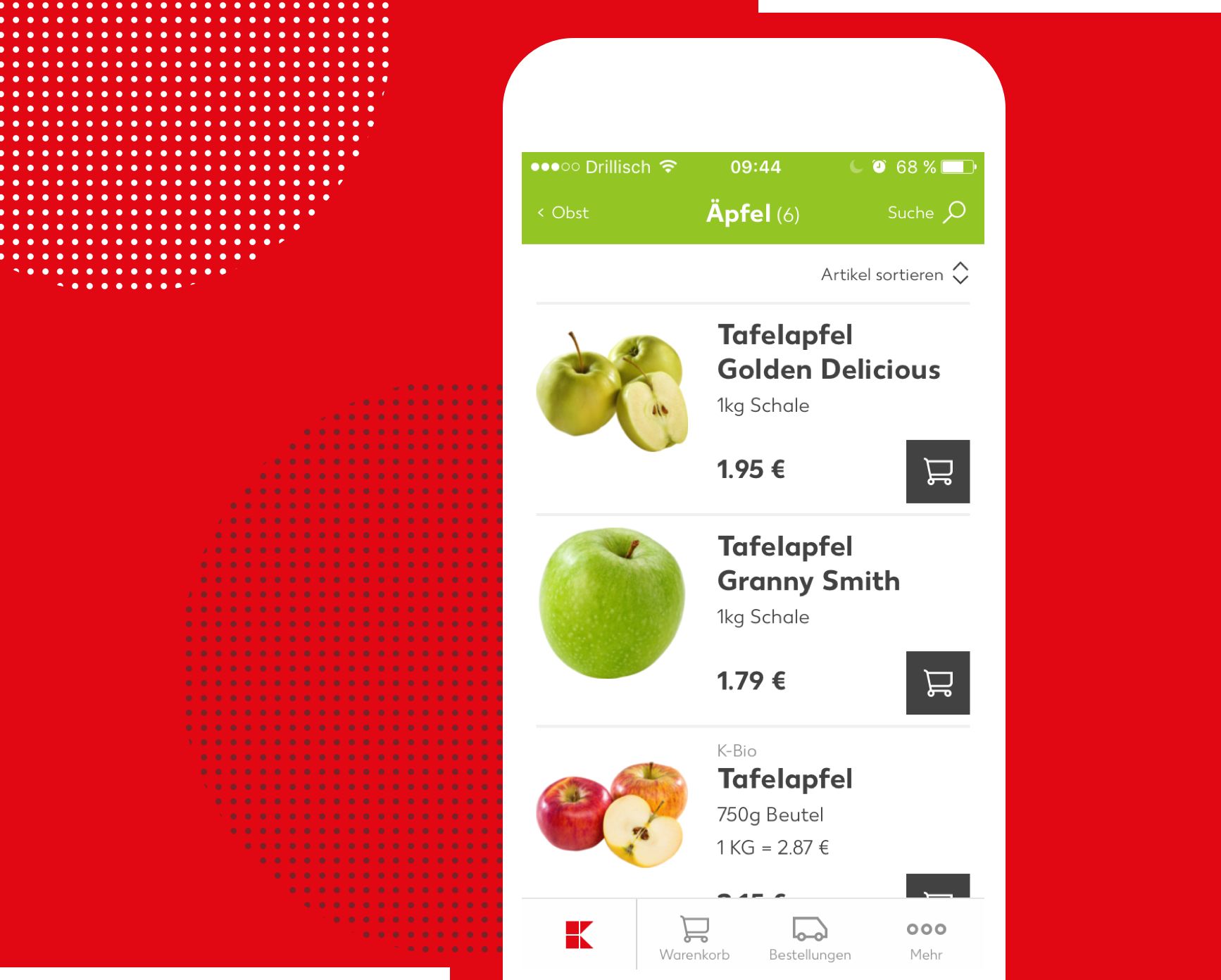 Kaufland - Mobile Ansicht: Produktauswahl Äpfel