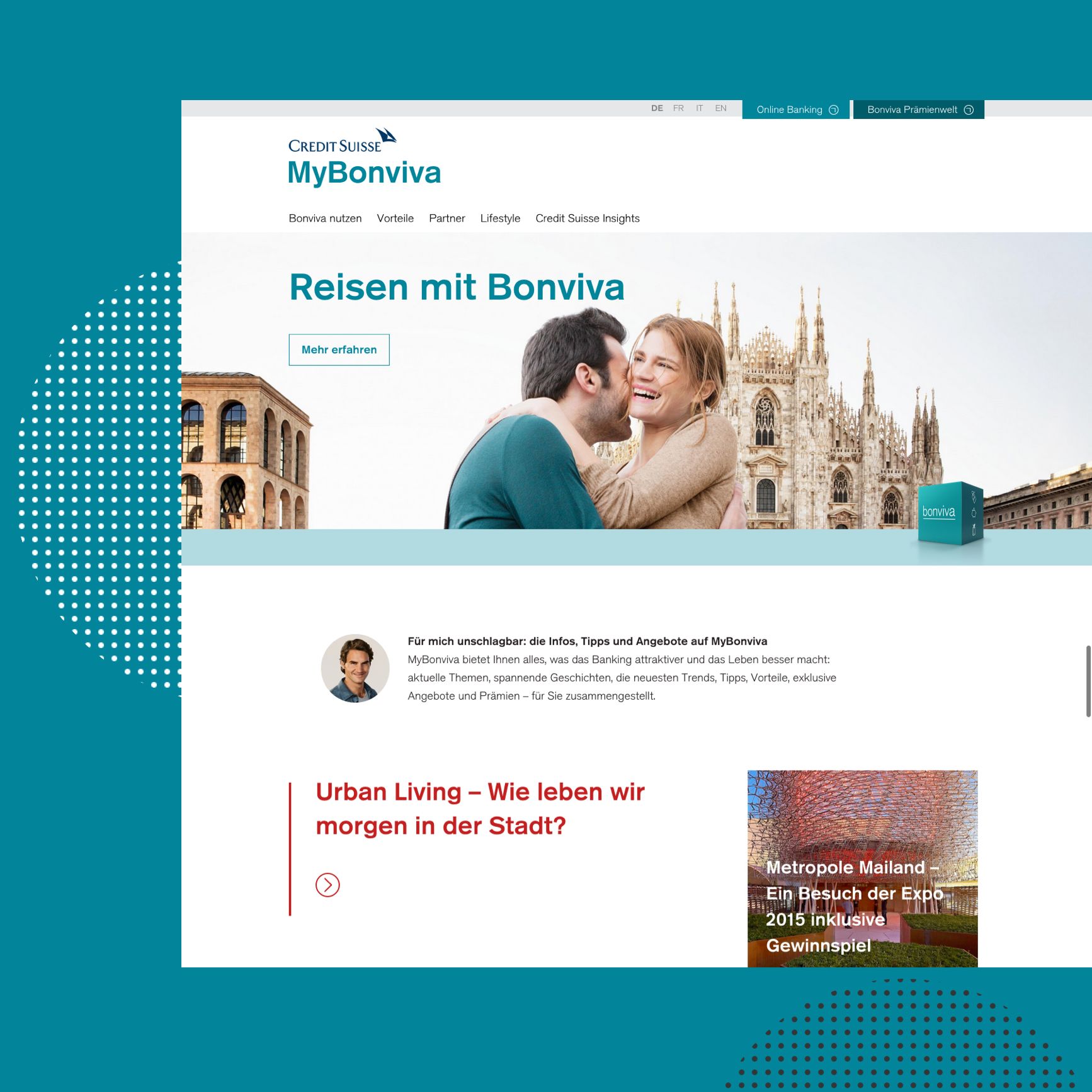 Credit Suisse - Ansicht Website Reisen mit Bonviva