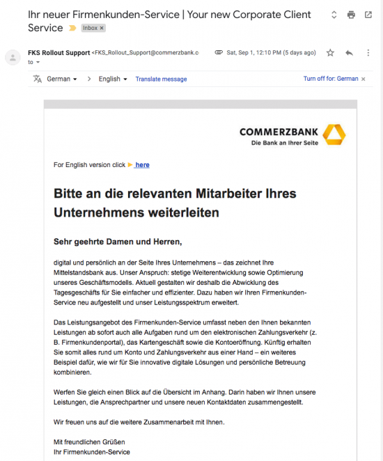 Phishing Mail mit Logo der Commerzbank