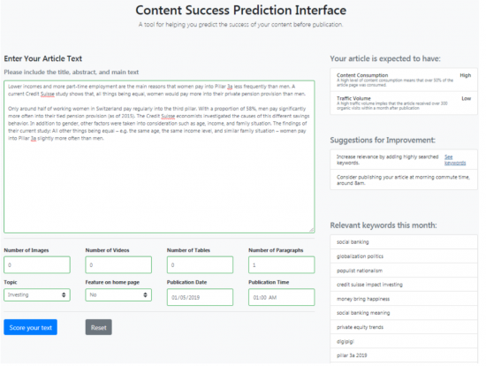  Content Success Prediction Interface bei der Credit Suisse