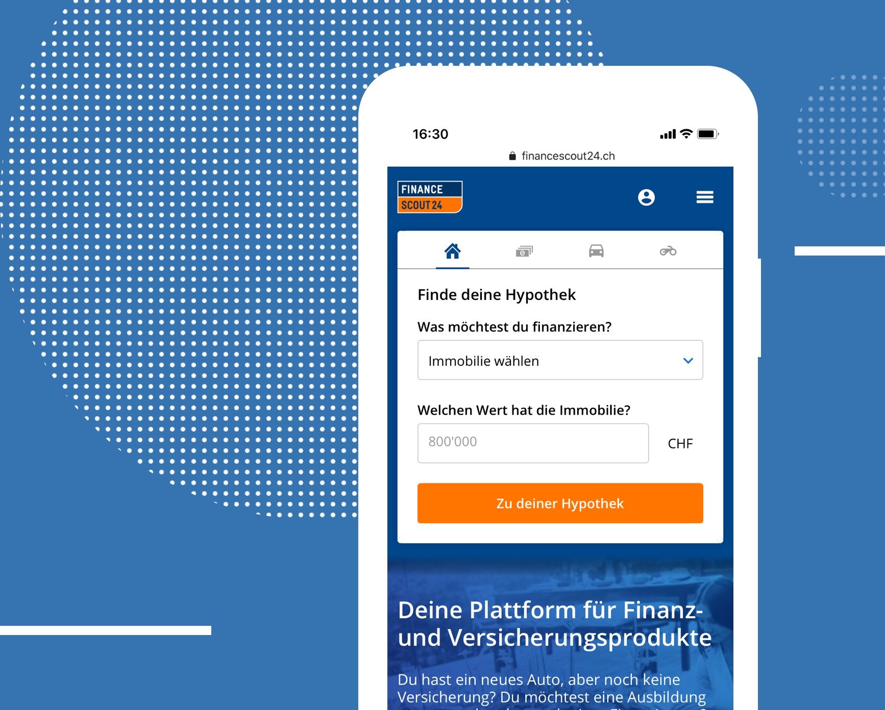 Mobile Ansicht eines Hyopthekenrechners auf FinanceScout24