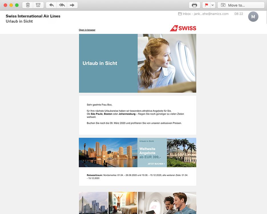 Newsletter Swiss airlines