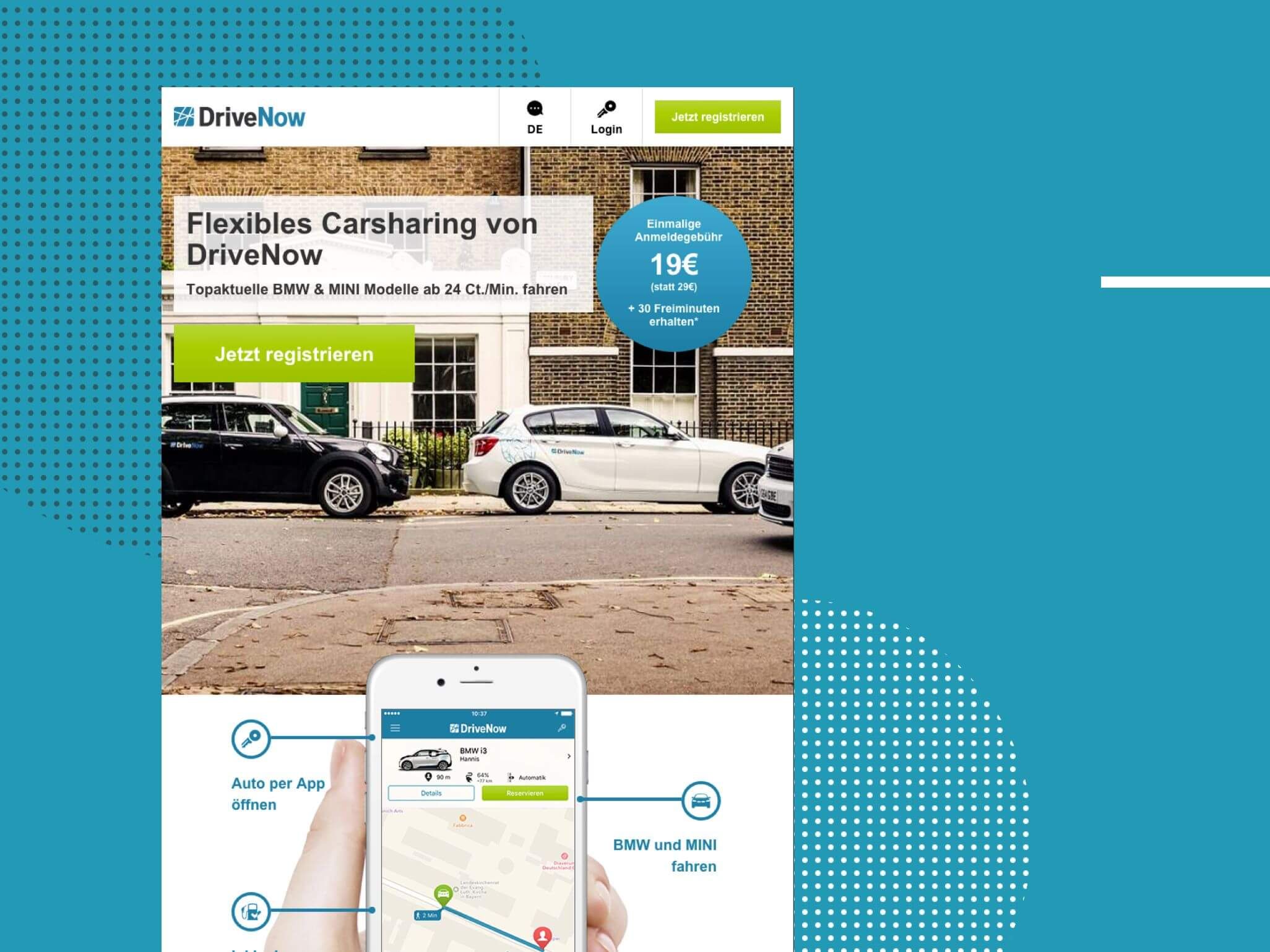 DriveNow - Tablet Ansicht: Flexibles Carsharing von DriveNow
