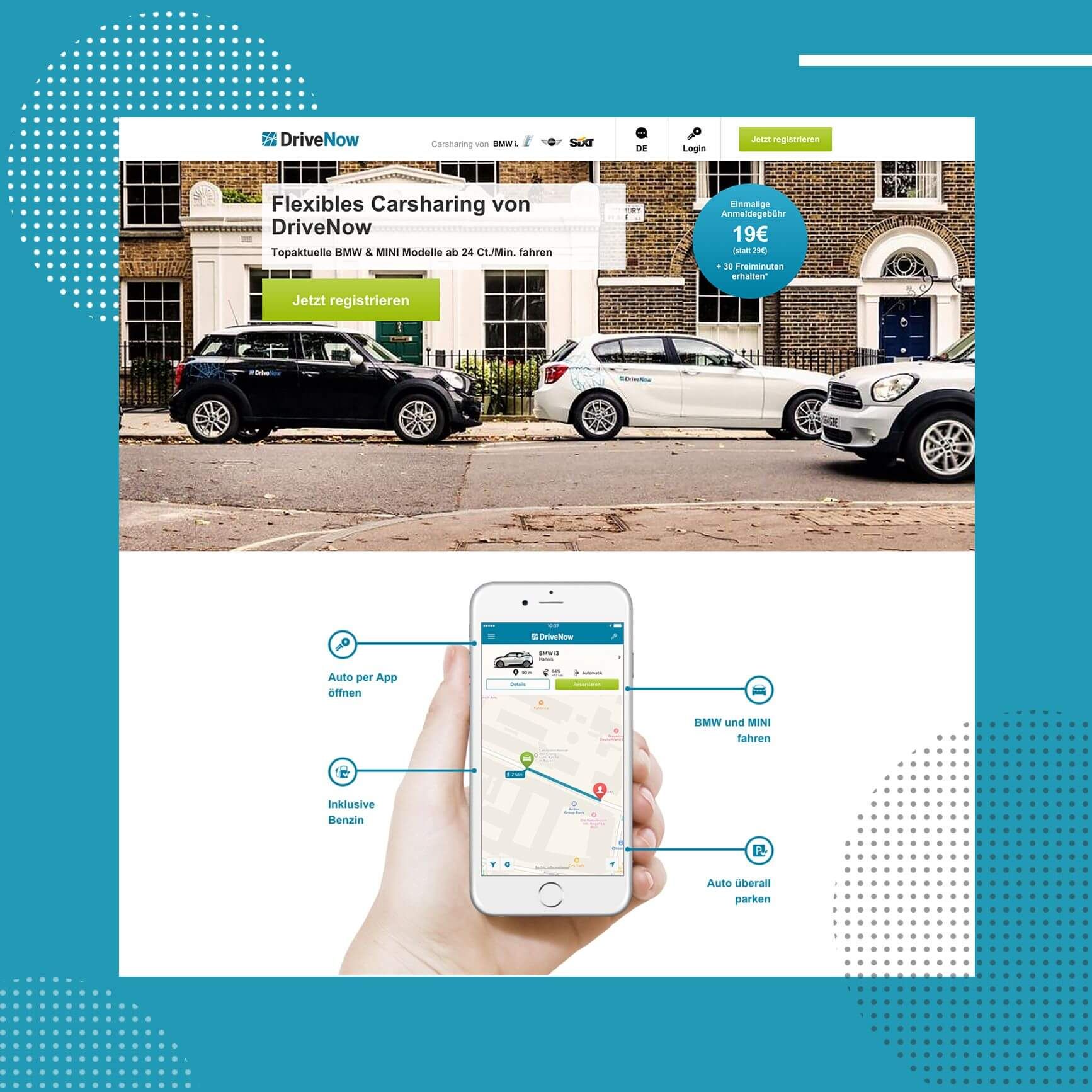 DriveNow - Website Ansicht: Flexibles Carsharing von DriveNow