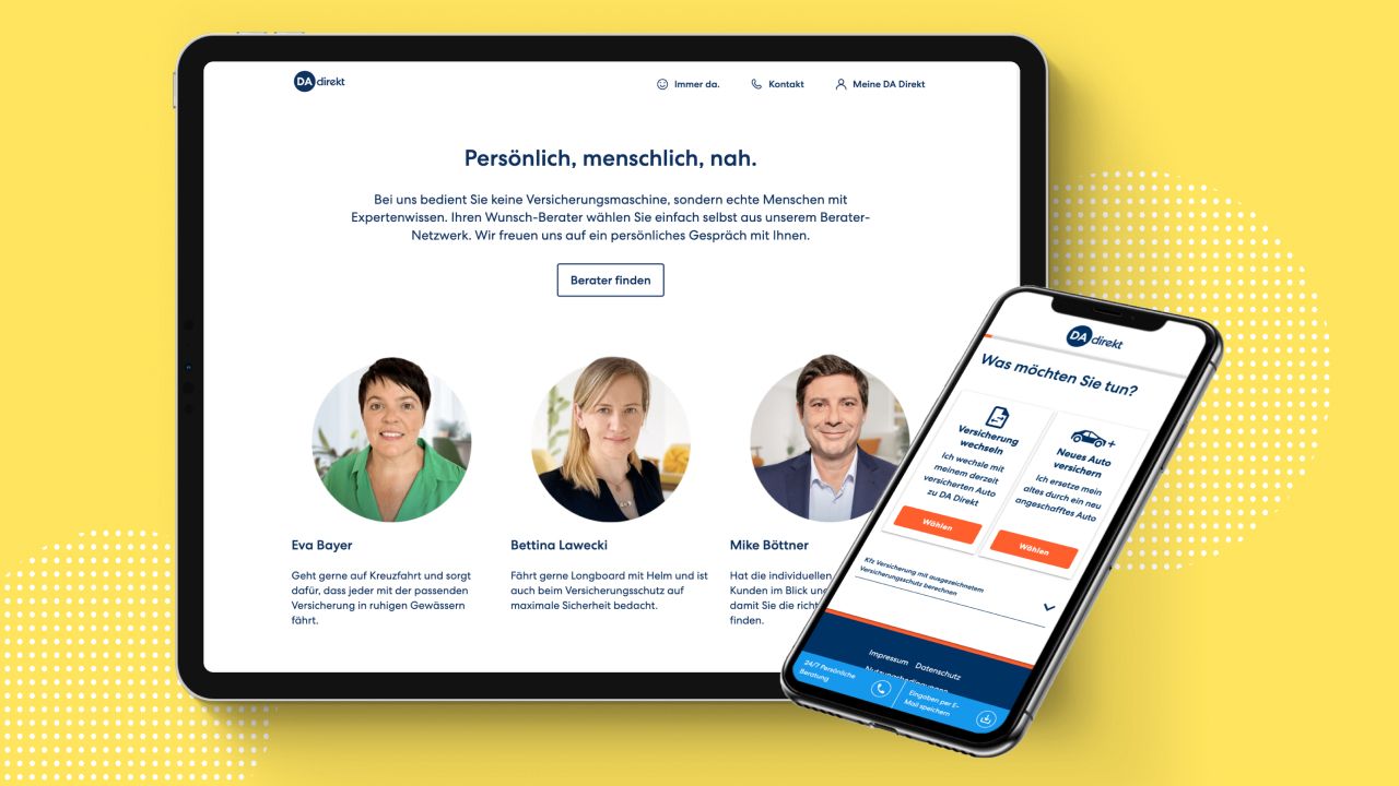 Einblick in die neue Website von DA Direkt auf einem Tablet und einem Smartphone