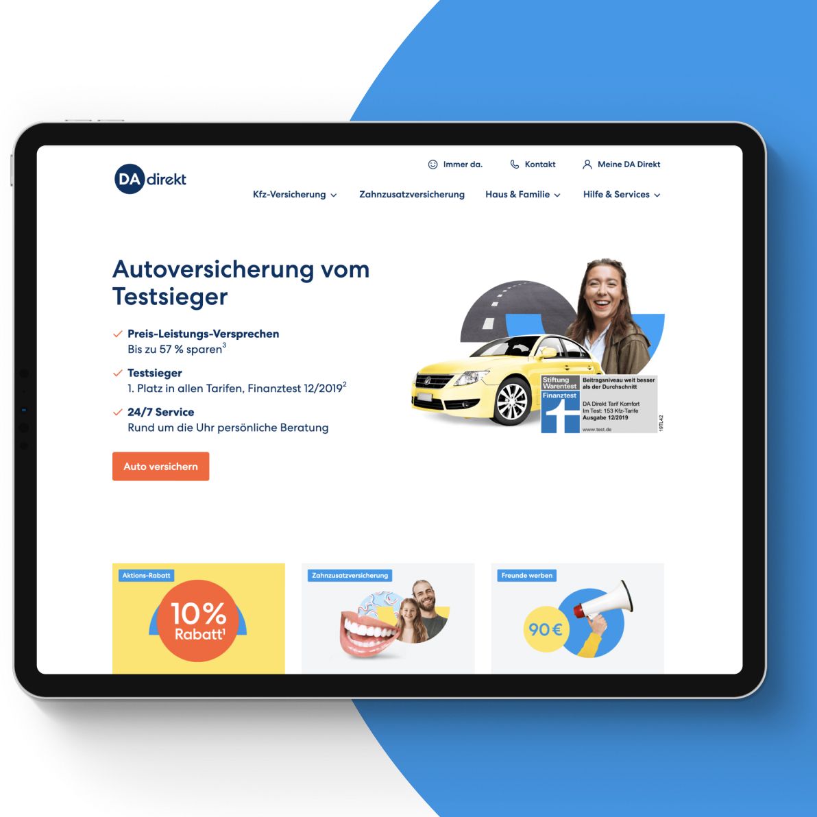 Einblick in die neue Website von DA Direkt auf einem Tablet