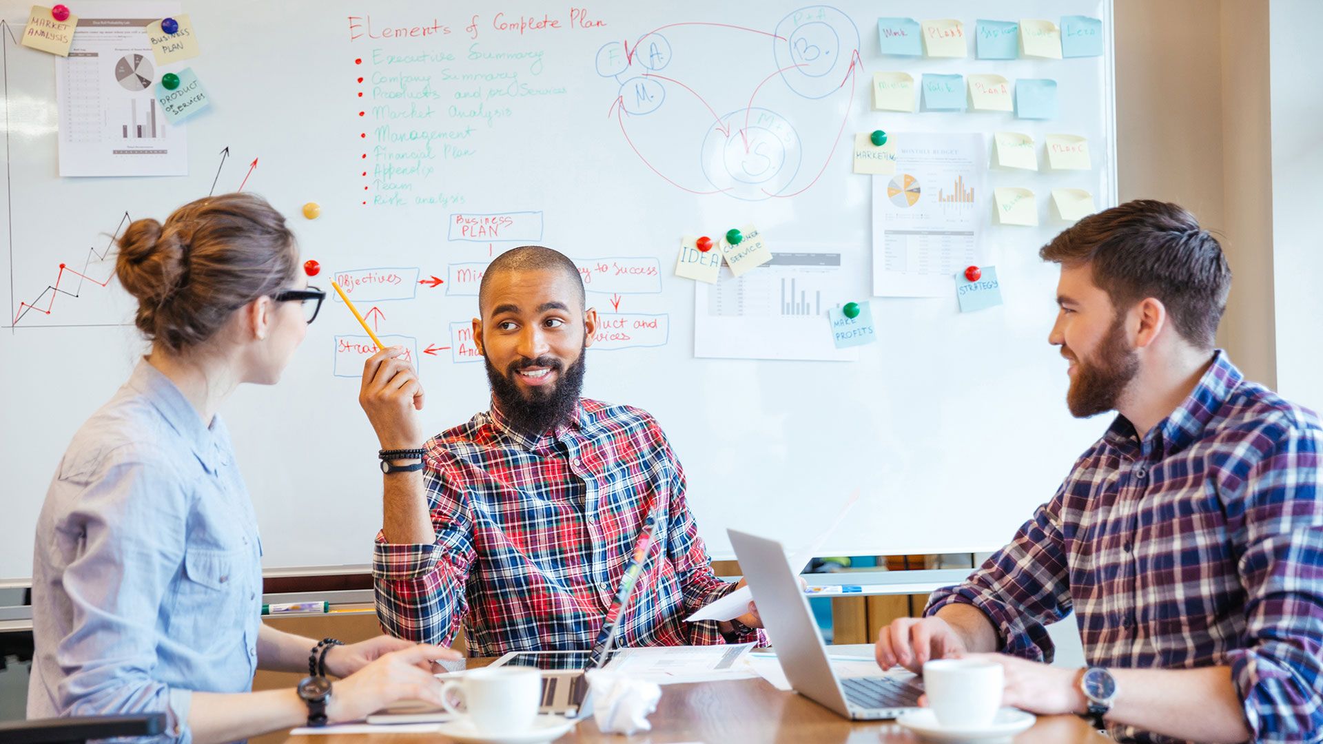 Three people in a meeting in front of a whiteboard