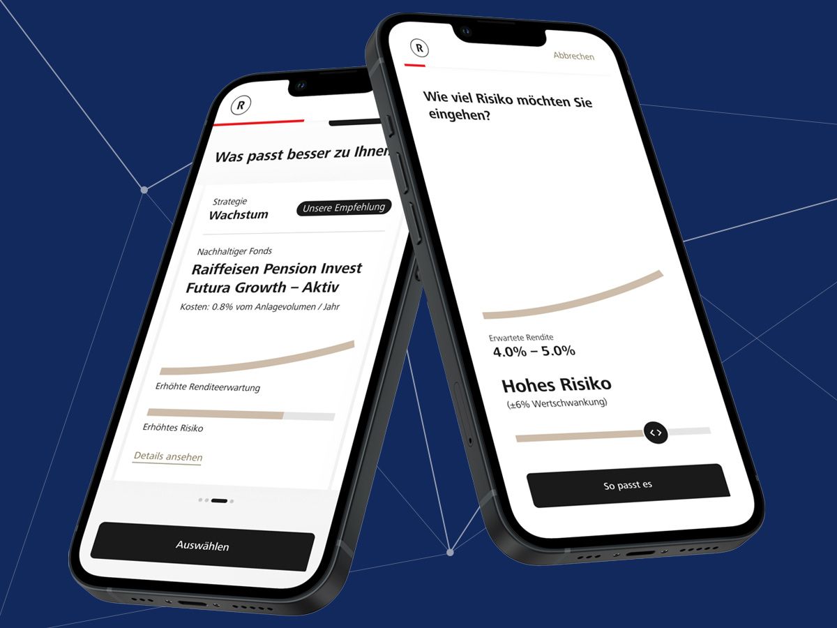 Two mobiles showing intuitive app of Raiffeisen Switzerland