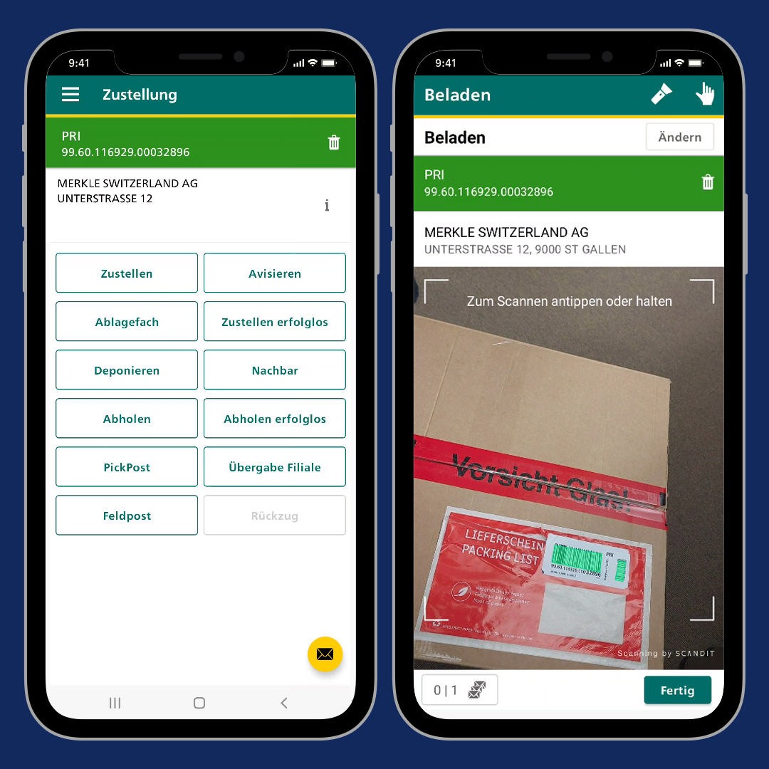 Screenshot showing new scanning app for the Swiss post