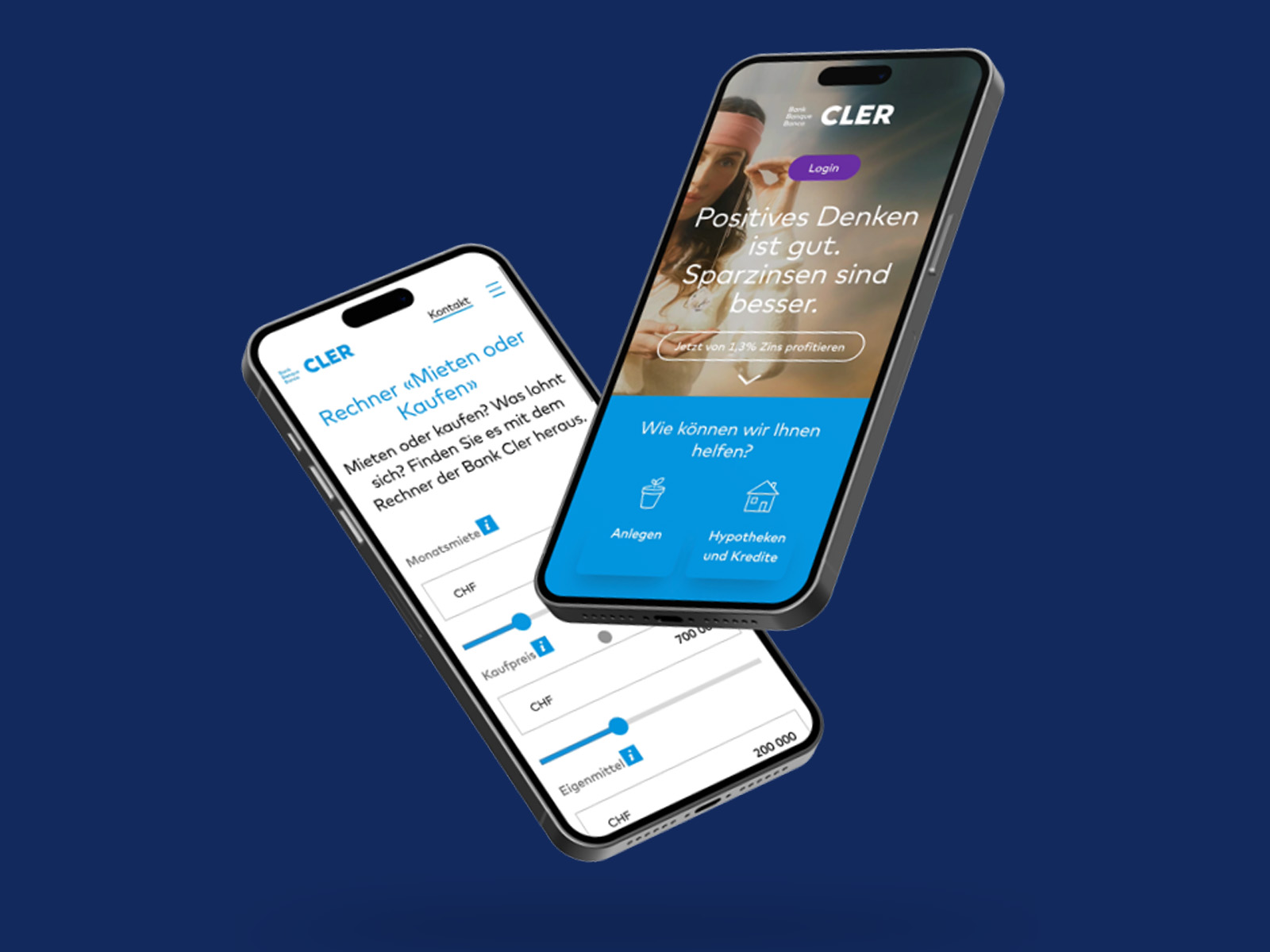 Two smartphones showing new Bank Cler Website 